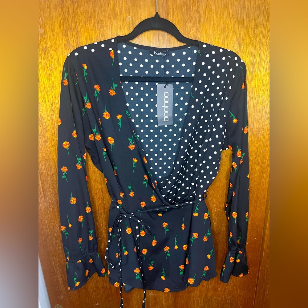 USED Boohoo multi printed peplum wrap top SZ US 12/UK 16